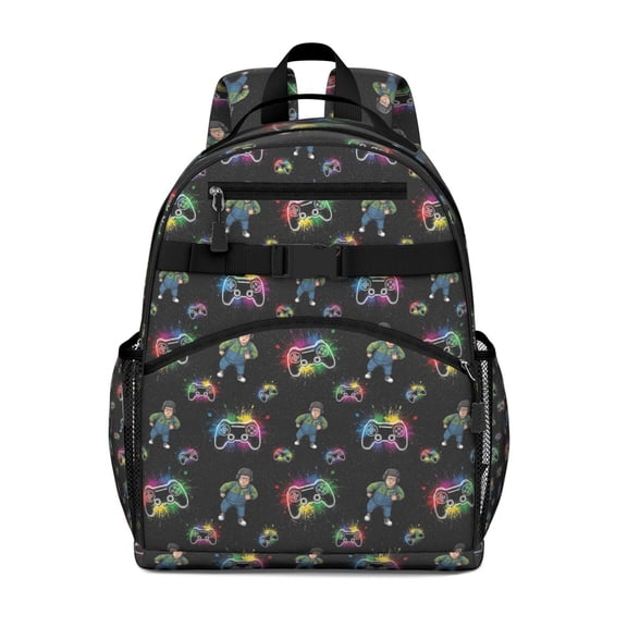 Multicolor Controllers Games Characters Black Pattern Backpack for School,Cute School Bag,Schoolbag with Adjustable Shoulder Straps & Padded Back,15.25"x11.5"x5.25"