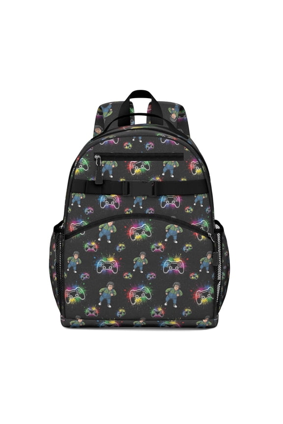 Multicolor Controllers Games Characters Black Pattern Backpack for School,Cute School Bag,Schoolbag with Adjustable Shoulder Straps & Padded Back,15.25"x11.5"x5.25"