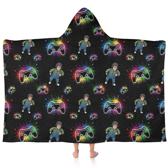 Multicolor Controllers Games Characters Black Pattern Hooded Bath Towel,60"x35" for Ages 3 To 12 Kids, Quick Dry Lightweight Soft Microfiber Hood Beach Towel Cover Up for Kids