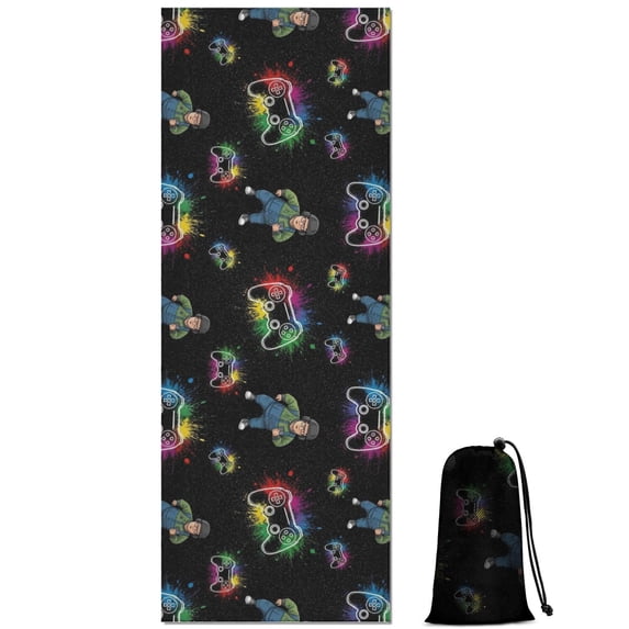 Multicolor Controllers Games Characters Black Pattern Hot Yoga Mat Towel Non Slip for Hot Yoga - Quick-Drying Yoga Mat Cover with 4 Corner Pockets with Travel Bag - Hot Yoga Towel Non Slip 70"x26"