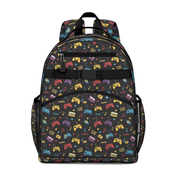 Multicolor Controllers Games Icons Black Pattern Backpack for School,Cute School Bag,Schoolbag with Adjustable Shoulder Straps & Padded Back,15.25"x11.5"x5.25"
