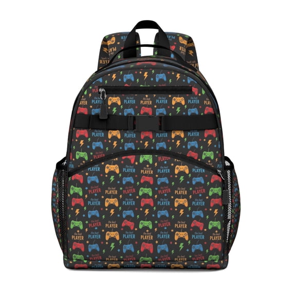 Multicolor Controllers Games Icons Black Pattern Backpack for School,Cute School Bag,Schoolbag with Adjustable Shoulder Straps & Padded Back,15.25"x11.5"x5.25"
