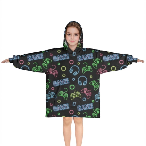 Multicolor Controllers Games Icons Black Pattern Blanket Hoodies for Kids 6-13YR Oversize Wearable Blanket Hoodies for Boys Girls Teens
