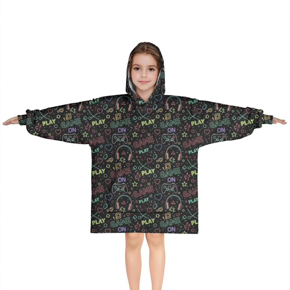 Multicolor Controllers Games Icons Black Pattern Blanket Hoodies for Kids 6-13YR Oversize Wearable Blanket Hoodies for Boys Girls Teens
