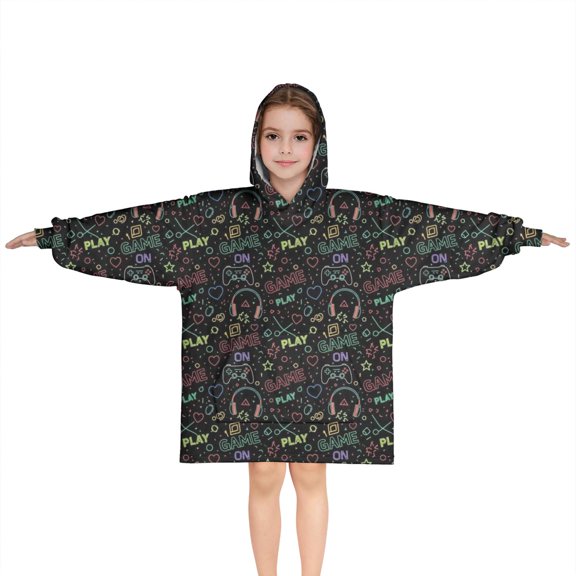 Multicolor Controllers Games Icons Black Pattern Blanket Hoodies for Kids 6-13YR Oversize Wearable Blanket Hoodies for Boys Girls Teens
