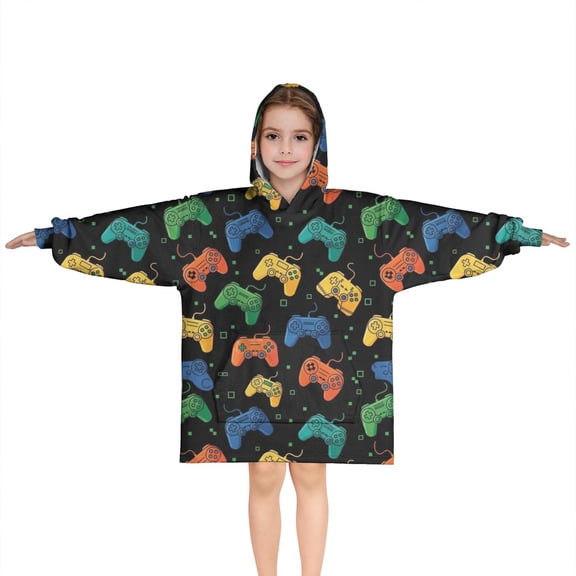 Multicolor Controllers Games Icons Black Pattern Blanket Hoodies for Kids 6-13YR Oversize Wearable Blanket Hoodies for Boys Girls Teens