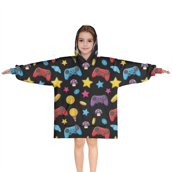 Multicolor Controllers Games Icons Black Pattern Blanket Hoodies for Kids 6-13YR Oversize Wearable Blanket Hoodies for Boys Girls Teens