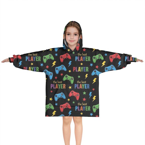 Multicolor Controllers Games Icons Black Pattern Blanket Hoodies for Kids 6-13YR Oversize Wearable Blanket Hoodies for Boys Girls Teens
