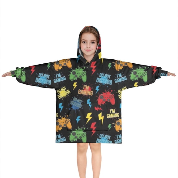 Multicolor Controllers Games Icons Black Pattern Blanket Hoodies for Kids 6-13YR Oversize Wearable Blanket Hoodies for Boys Girls Teens