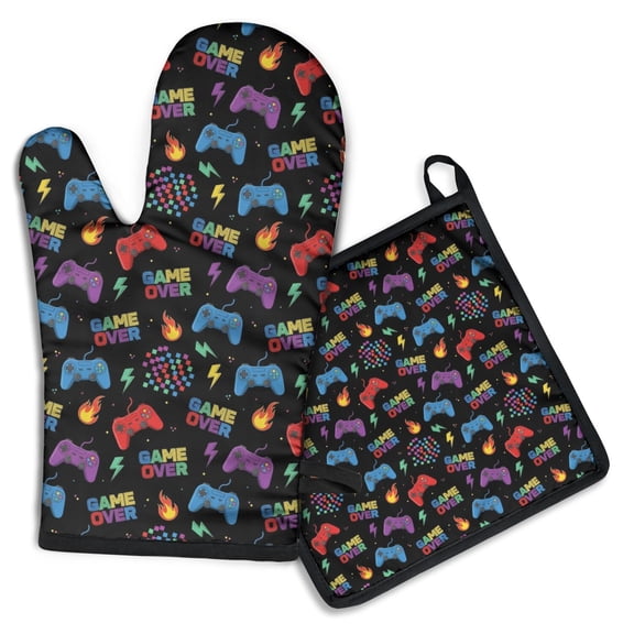 Multicolor Controllers Games Icons Black Pattern Kitchen Oven Mitt and Pot Holder Sets 2 Pcs for Baking, Cooking and Grilling, Heat Resistant Up To 392 °F