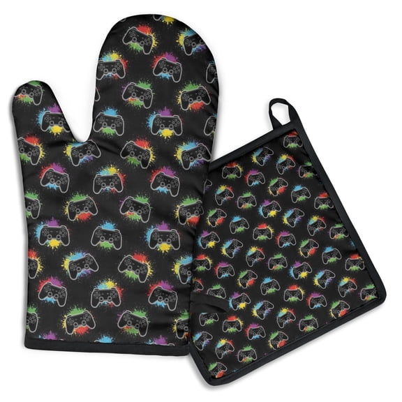 Multicolor Controllers Games Icons Black Pattern Kitchen Oven Mitt and Pot Holder Sets 2 Pcs for Baking, Cooking and Grilling, Heat Resistant Up To 392 °F