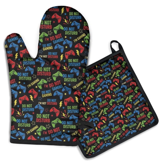 Multicolor Controllers Games Icons Black Pattern Kitchen Oven Mitt and Pot Holder Sets 2 Pcs for Baking, Cooking and Grilling, Heat Resistant Up To 392 °F