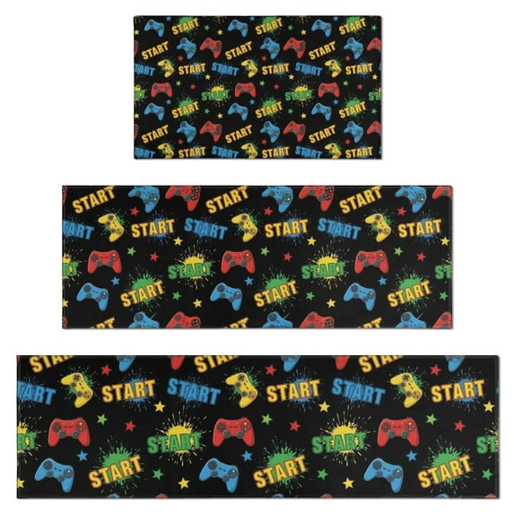 Multicolor Controllers Games Icons Black Pattern Kitchen Rugs Sets Of 3,Kitchen Runner Rugs Non Skid Washable,Decorative Kitchen Floor Mats for Kitchen,Sink,Laundry,17"x30"+ 17"x47" + 17"x59"