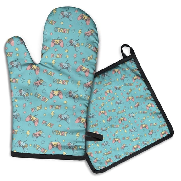 Multicolor Controllers Games Icons Blue Pattern Kitchen Oven Mitt and Pot Holder Sets 2 Pcs for Baking, Cooking and Grilling, Heat Resistant Up To 392 °F