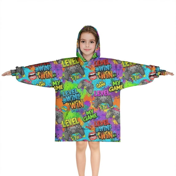 Multicolor Controllers Games Icons Colorful Pattern Blanket Hoodies for Kids 6-13YR Oversize Wearable Blanket Hoodies for Boys Girls Teens