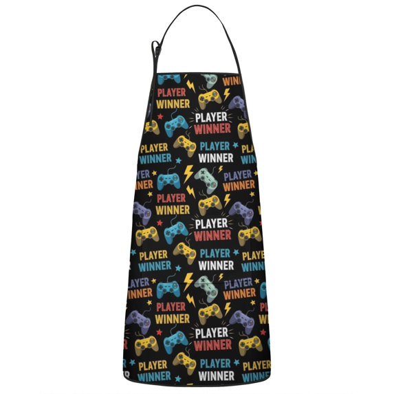 Multicolor Controllers Games Text Black Apron-Garden Aprons for Women with Pockets-Cotton Linen Waterproof Kitchen Cooking Gardening Aprons Adjustable for Kitchen,Cooking,BBQ and Salon 33x27 Inch
