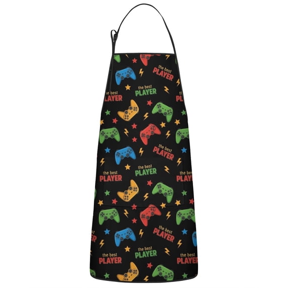 Multicolor Controllers Games Text Black Apron-Garden Aprons for Women with Pockets-Cotton Linen Waterproof Kitchen Cooking Gardening Aprons Adjustable for Kitchen,Cooking,BBQ and Salon 33x27 Inch
