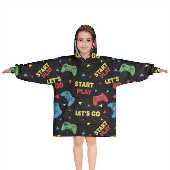Multicolor Controllers Games Text Black Pattern Blanket Hoodies for Kids 6-13YR Oversize Wearable Blanket Hoodies for Boys Girls Teens