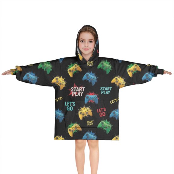 Multicolor Controllers Games Text Black Pattern Blanket Hoodies for Kids 6-13YR Oversize Wearable Blanket Hoodies for Boys Girls Teens