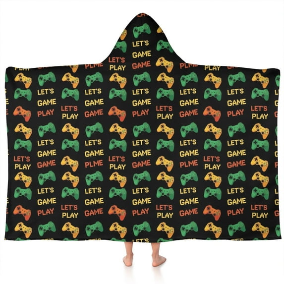 Multicolor Controllers Games Text Black Pattern Hooded Bath Towel,60"x35" for Ages 3 To 12 Kids, Quick Dry Lightweight Soft Microfiber Hood Beach Towel Cover Up for Kids