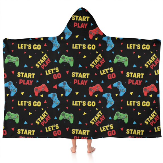 Multicolor Controllers Games Text Black Pattern Hooded Bath Towel,60"x35" for Ages 3 To 12 Kids, Quick Dry Lightweight Soft Microfiber Hood Beach Towel Cover Up for Kids