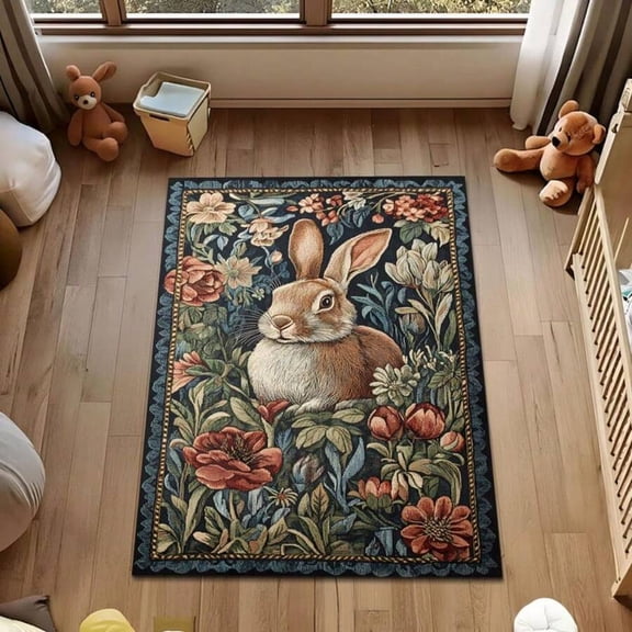 Multicolor Cottagecore Rabbit Floral Area Rug, Whimsical Woodland Meadow Design, Dark Academia Aesthetic Home Decor, 84x60 Inch