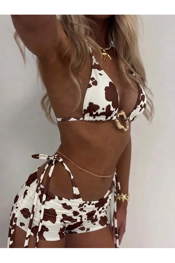 Multicolor Cow Print 3-Piece Bikini Set With Halter Triangle Top, Tie-Side Ruched Shorts & Gold-Tone Chain Waist Detail