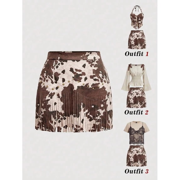 Multicolor Cow Print Suede A-Line Mini Skirt With Fringe And Studs