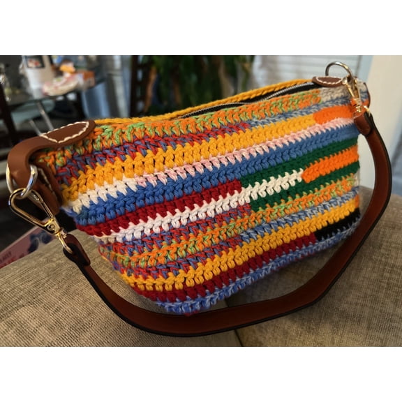 Multicolor Crochet Pouch with Brown Detachable Strap