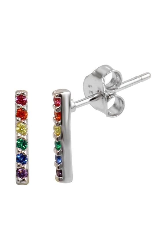 Multicolor Cubic Zirconia Bar Stud Earrings Rhodium Plated Sterling Silver