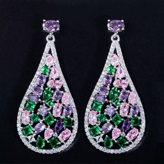 Multicolor Cubic Zirconia CZ 925 Silver Long Round Drop Cluster Wedding Earrings