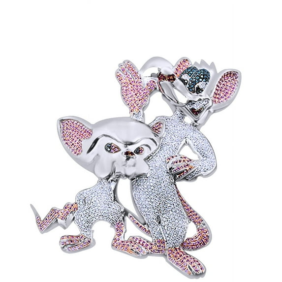 AFFY Multicolor Cubic Zirconia Pinky & the Brain Charm Hip Hop Pendant in 14K White Gold Over Sterling Silver (12.10 Cttw)