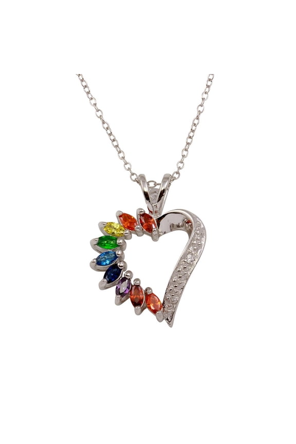 Multicolor Cubic Zirconia Rainbow Heart Necklace Rhodium Plated Sterling Silver