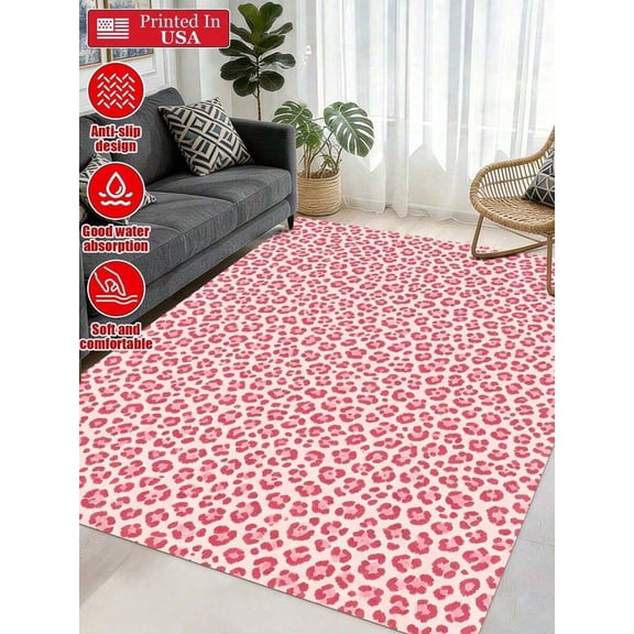 Multicolor DT Pink Leopard Print Flannel Area Rug, Non-Slip Rubber Backing, Machine Washable, Indoor Use