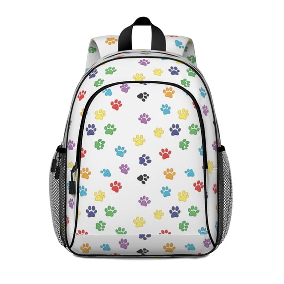 Multicolor Dog Paw Print White Pattern Backpack for School, Cute School Bag with Adjustable Shoulder Straps and Padded Back, 15"x11.42"x5.5"