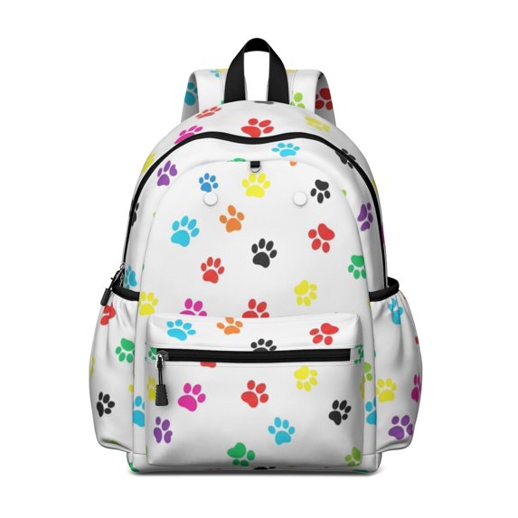 Multicolor Dog Paw Print White Pattern Cute School Backpack with Padded Back and Adjustable Shoulder Straps 13.4"x11"x4.7"