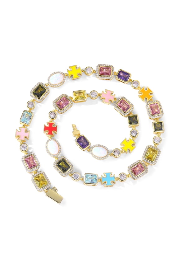 Multicolor Enamel Cross Pendant Necklace with Gemstones, 18K Gold Plated Hip Hop Retro Revival Statement Jewelry for Women & Men 16 Inches