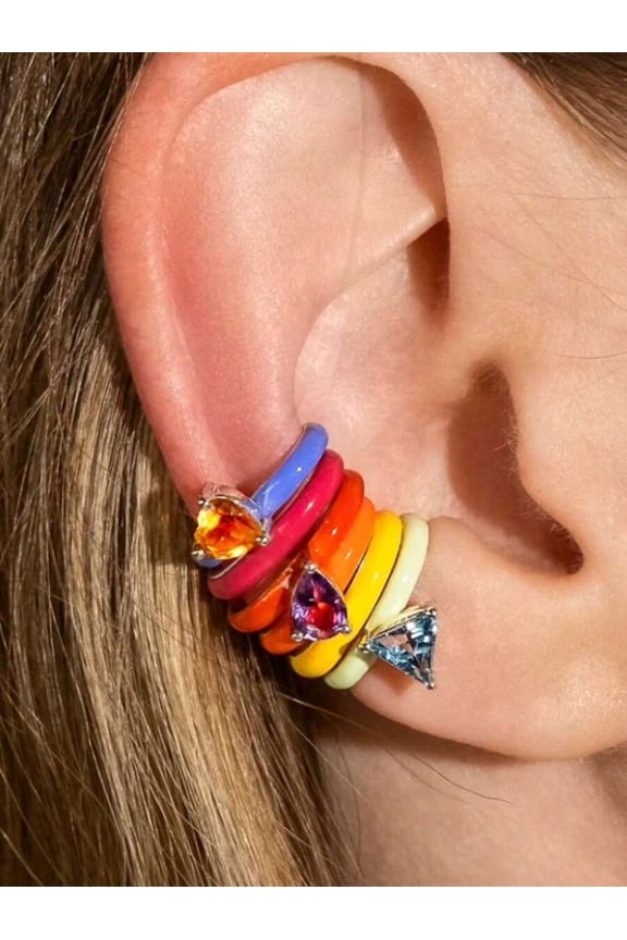 Multicolor Enamel Rainbow Ear Cuff Set With Zirconia Gemstones 6-Piece No