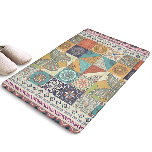 Multicolor Ethnic Floral and Butterfly Flannel Non Slip Door Rugs,Washable Door Mats Indoor,Decorative Door Mats,Dirt-Resistant and Absorbent Doormat for Entrance,Bedroom,Kitchen,Bathroom,23.5"x16"