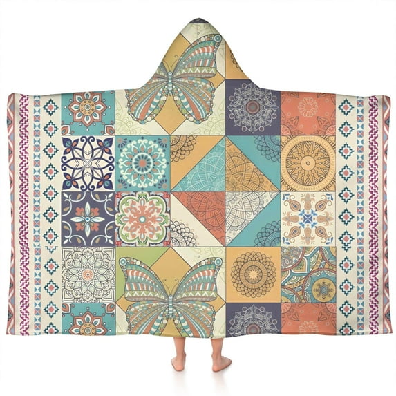Multicolor Ethnic Floral and Butterfly Pattern Hooded Bath Towel,60"x35" for Ages 3 To 12 Kids, Quick Dry Lightweight Soft Microfiber Hood Beach Towel Cover Up for Kids