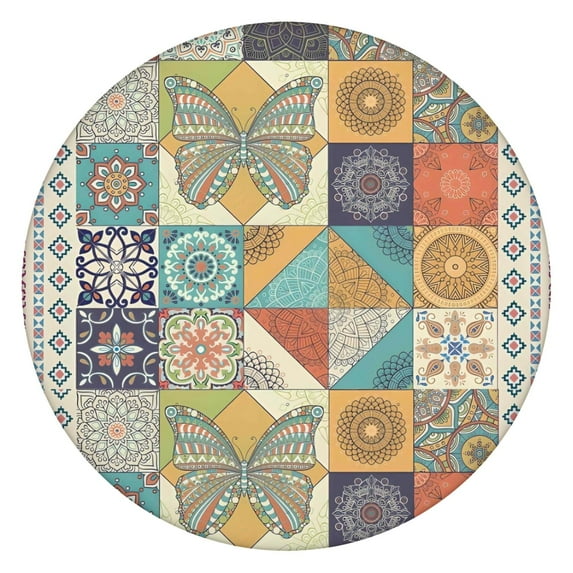 Multicolor Ethnic Floral and Butterfly Pattern Round Fitted Tablecloth with Elastic Edge,Dining Table Cover Waterproof,Outdoor Round Tablecloth for Camping,Dining,Indoor and Outdoor