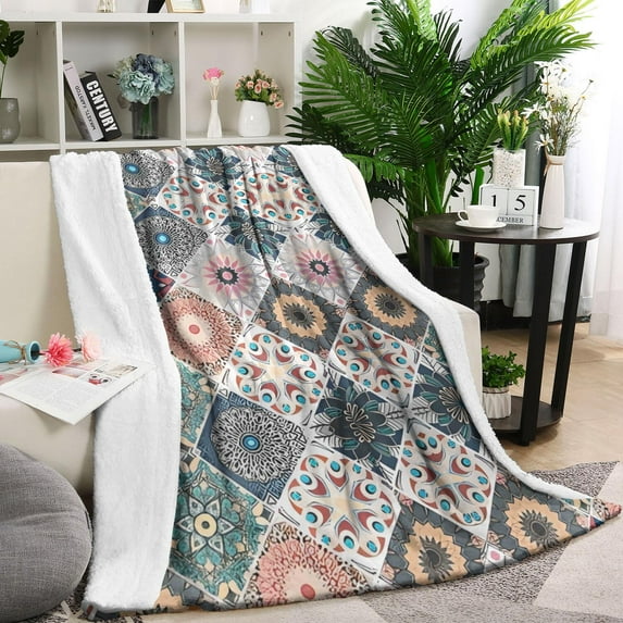 Multicolor Ethnic Floral and Geometric Pattern Blanket,Comfortable Soft Flannel Throw Blanket,All Season,Warm Lightweight Blankets for Sofa Bed Couch Living Room Chair,60"x80"