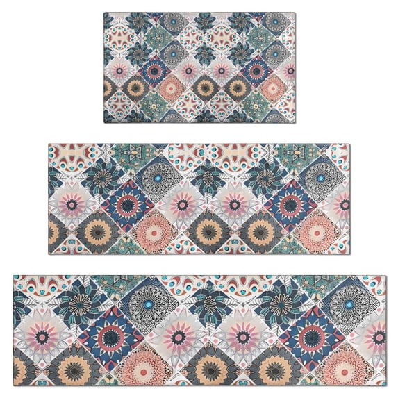 Multicolor Ethnic Floral and Geometric Pattern Kitchen Rugs Sets Of 3,Kitchen Runner Rugs Non Skid Washable,Decorative Kitchen Floor Mats for Kitchen,Sink,Laundry,17"x30"+ 17"x47" + 17"x59"