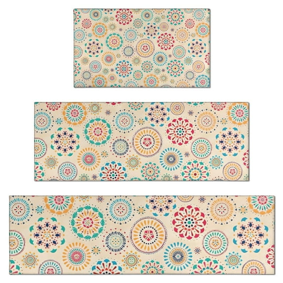 Multicolor Ethnic Floral Pattern Kitchen Rugs Sets Of 3,Kitchen Runner Rugs Non Skid Washable,Decorative Kitchen Floor Mats for Kitchen,Sink,Laundry,17"x30"+ 17"x47" + 17"x59"