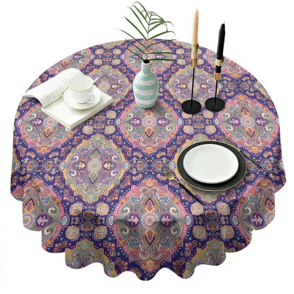 Multicolor Ethnic Floral Pattern Round Tablecloth 60"x60",Wrinkle Wipeable Table Cloth for Kitchen Dining Room Picnic Patio Party