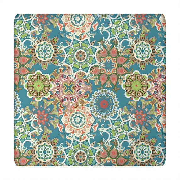 Multicolor Ethnic Floral Pattern Square Fitted Tablecloth with Elastic Edge,Square Table Cover,Washable Elastic Table Cover for Home Kitchen Party Decor 34"x34"