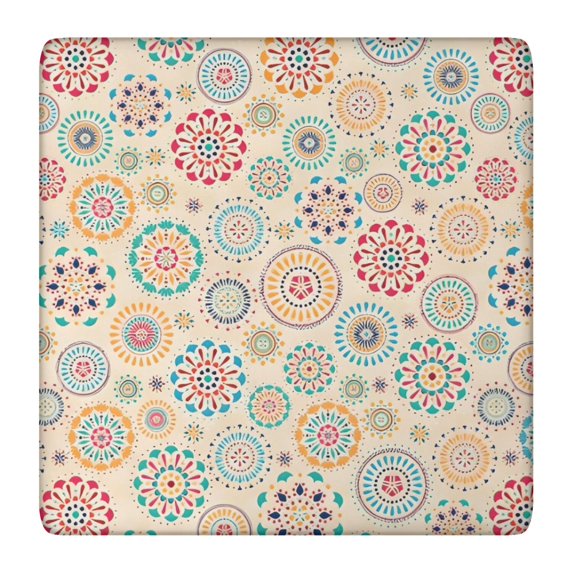 Multicolor Ethnic Floral Pattern Square Fitted Tablecloth with Elastic Edge,Square Table Cover,Washable Elastic Table Cover for Home Kitchen Party Decor 36"x36"