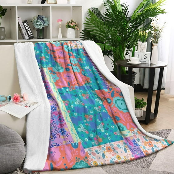 Multicolor Ethnic Flower Patchwork Pattern Blanket,Comfortable Soft Lamb Wool Throw Blanket,All Season,Warm Lightweight Blankets for Sofa Bed Couch Living Room Chair,60"x80"