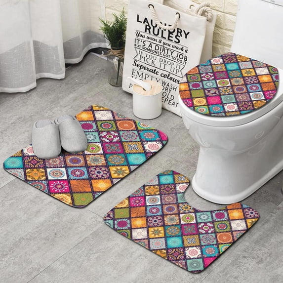 Multicolor Ethnic Geometric Patchwork Pattern Bathroom Rugs Sets 3 Piece,Toilet Cover Set,Absorbent Non Slip Bathroom Mats Sets with U-Shaped Contour Rug Toilet Rug Set