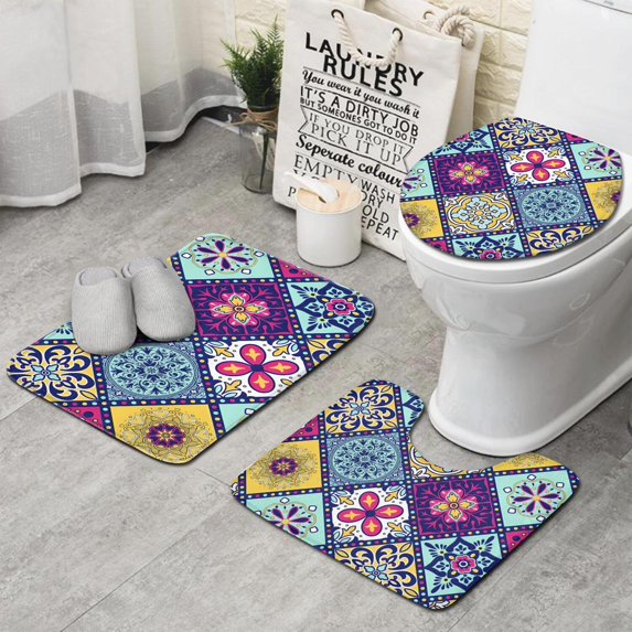 Multicolor Ethnic Geometric Patchwork Pattern Bathroom Rugs Sets 3 Piece,Toilet Cover Set,Absorbent Non Slip Bathroom Mats Sets with U-Shaped Contour Rug Toilet Rug Set